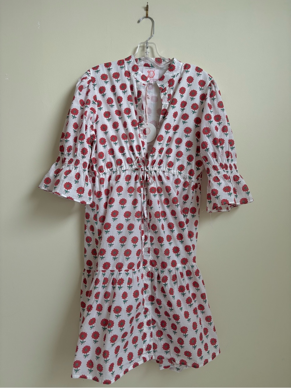 Victoria Dunn White Dress with Red Floral Print and Tie Waist